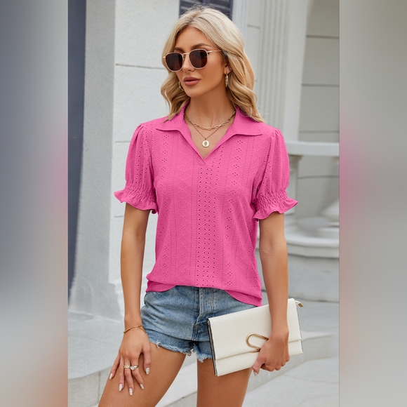 Eyelet Johnny Collar Short Sleeve Blouse - Picture 2 of 5